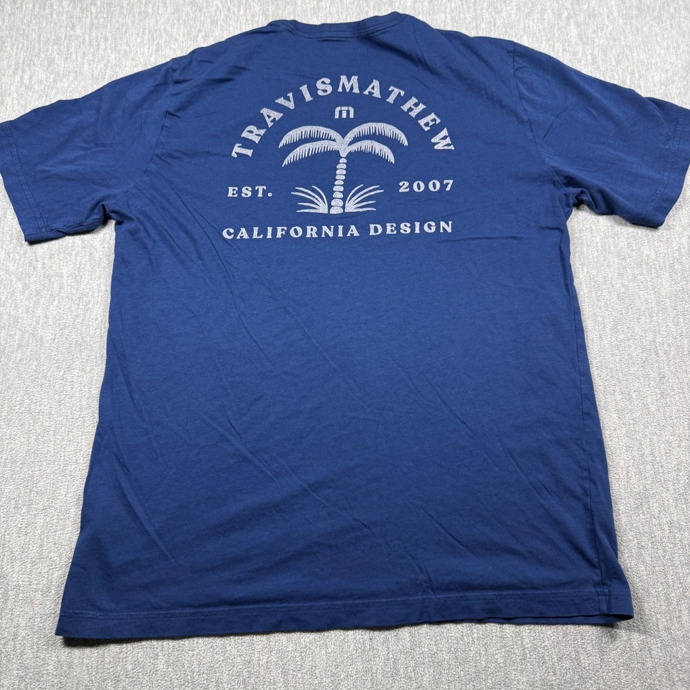 TravisMathew Shirt Mens L Blue Palm Tree Graphic Print Crew Neck Tee Golf Beach